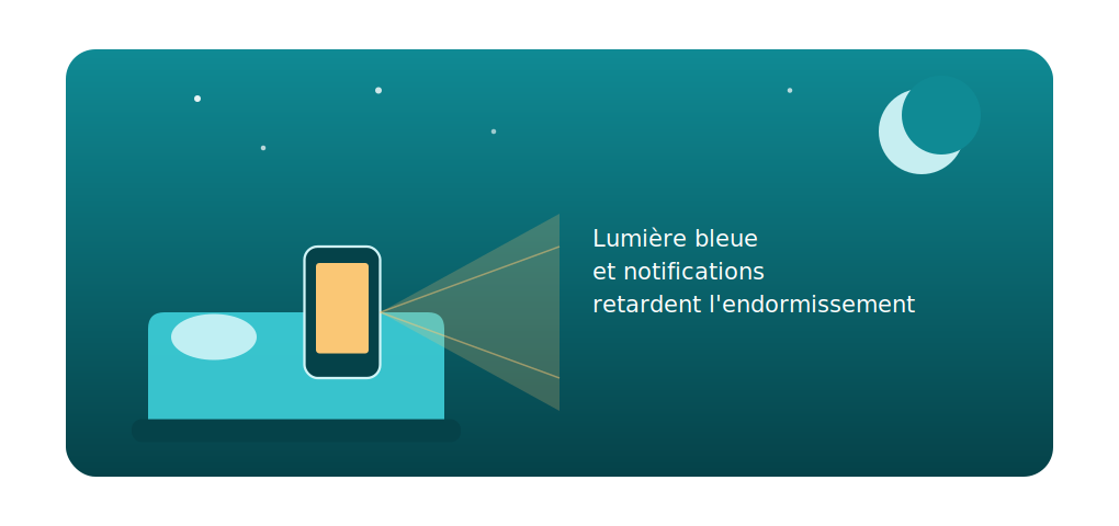 Un téléphone qui projette une lumière vive sur un lit la nuit